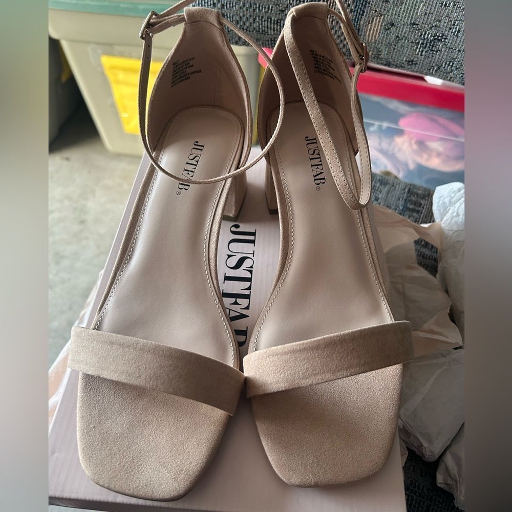 NIB JustFab Tan Heels with Suede Finish and Ankle Strap